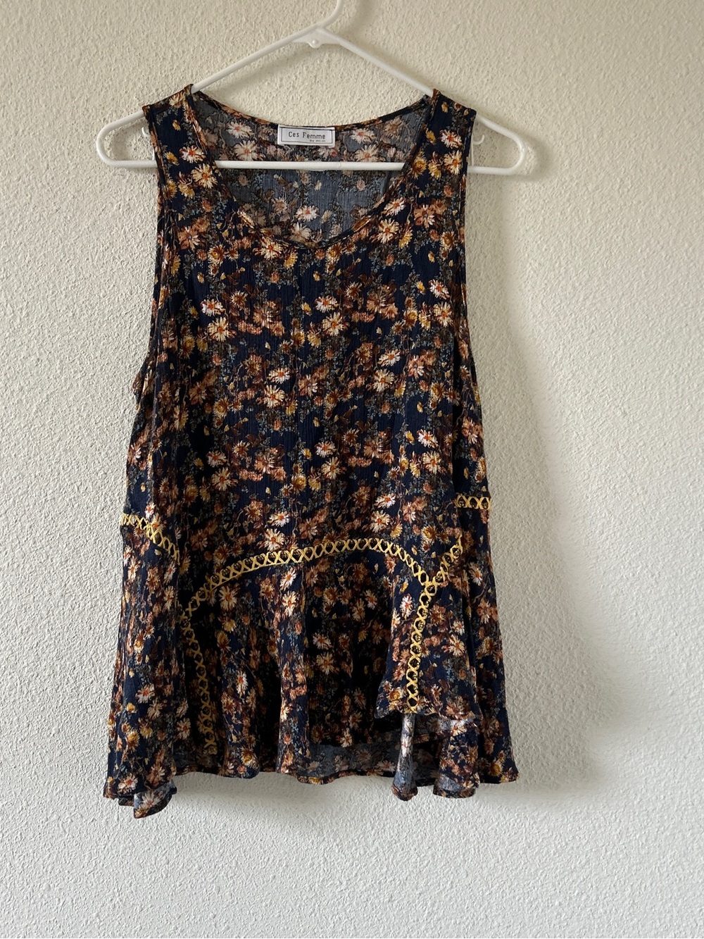 Ces Femme A-line Relaxed Babydoll Floral Tank Top Women’s Fits Medium Blue